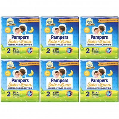 Kit Pannolini Pampers Sole e Luna 2 MINI 3-6kg 6 Pacchi da 21pz