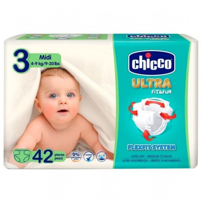 Pannolini Chicco Ultra Fit&Fun 3 Midi 4-9 Kg (42 pz) Pannolini Chicco Ultra Fit & Fun 3 Midi 3-6 Kg (42 pz)