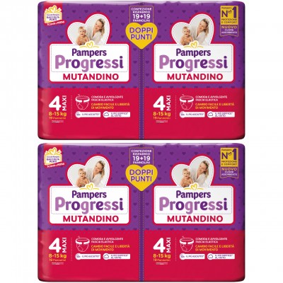 Kit Bipack Pannolini Pampers Progressi Mutandino 8-15 Kg Misura 4 MAXI - 2 Bipack da 19+19 pz (76pz) Kit Bipack Pannolini Pampers Progressi Mutandino 8-15 Kg Misura 4 MAXI - 2 Bipack da 19+19 pz (76pz)
