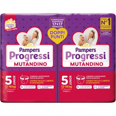 Bipack Pannolini Pampers Progressi Mutandino Misura 5 JUNIOR 12-18 Kg da 17+17 pz (34pz)