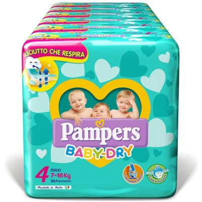 Pannolini Pampers Baby Dry Maxi, Taglia 4 (7-18 kg),6 Confezioni da 26 (156 Pezzi)