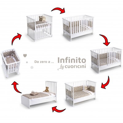 Culla Evolutiva Cuoricini Infinito 6 in 1 Bianco con Tessile Tortora + Materasso in Aloe Vera