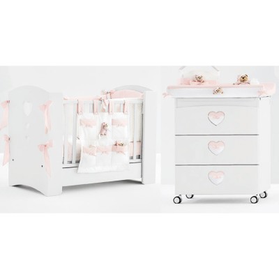 Lettino e Cassettiera Fasciatoio Nanan Puccio Cuore Rosa /