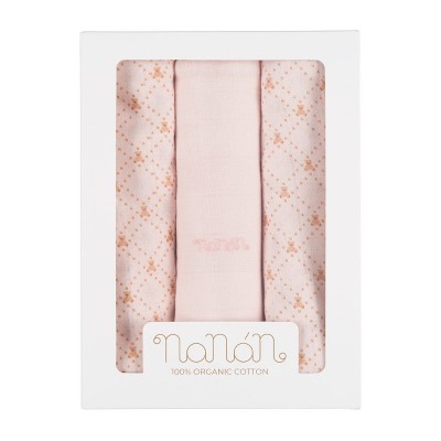 Set 3 pz Mussola Nanan All Over Lettering 80 x 80 cm Rosa